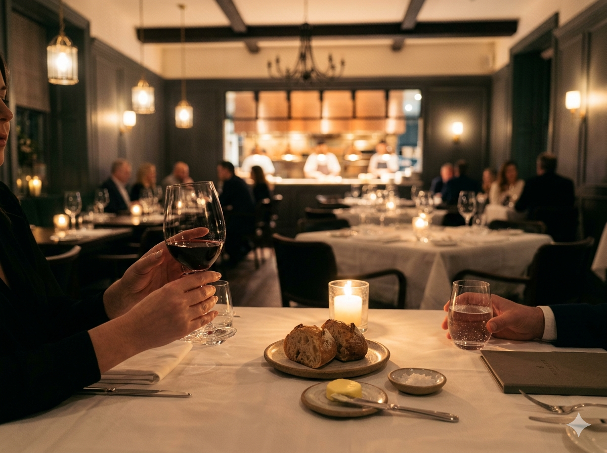 Wieczór przy stole — nakrycie, lampa i ciepłe światło w sali restauracyjnej