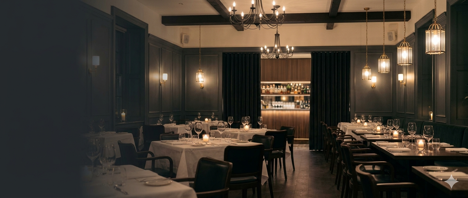 Panorama sali — wieczorne światło, fotele i spokojny klimat restauracji